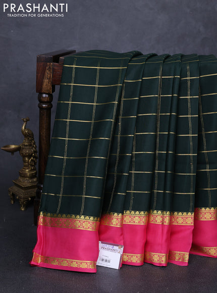 Pure mysore silk saree bottle green and peach pink with allover zari checked pattern and rettapet zari woven border