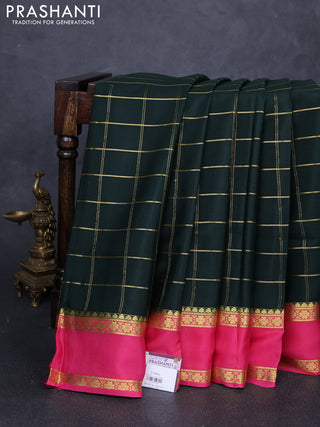 Pure mysore silk saree bottle green and peach pink with allover zari checked pattern and rettapet zari woven border