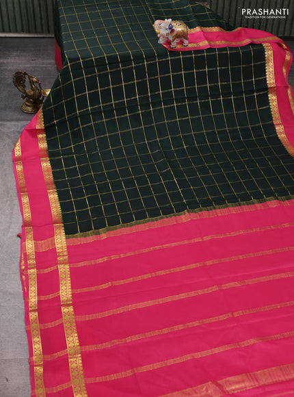 Pure mysore silk saree bottle green and peach pink with allover zari checked pattern and rettapet zari woven border