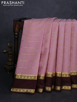 Pure mysore silk saree peach shade and coffee brown with allover zari checked pattern and rettapet zari woven border