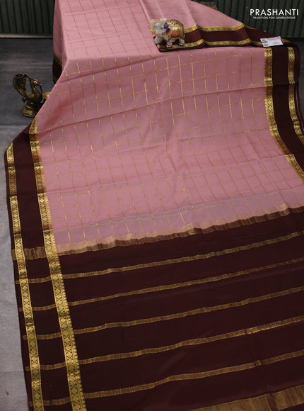 Pure mysore silk saree peach shade and coffee brown with allover zari checked pattern and rettapet zari woven border