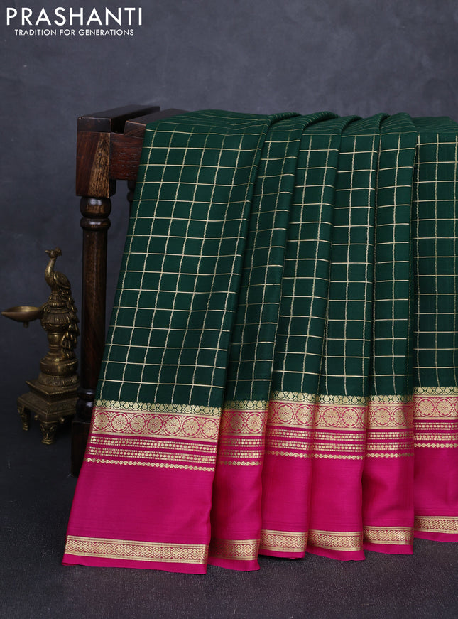 Pure mysore silk saree bottle green and dark pink with allover zari checked pattern and long rettapet zari woven border