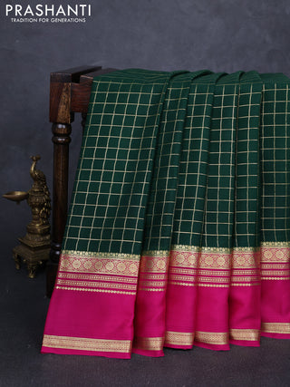 Pure mysore silk saree bottle green and dark pink with allover zari checked pattern and long rettapet zari woven border