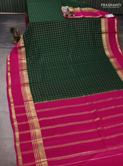 Pure mysore silk saree bottle green and dark pink with allover zari checked pattern and long rettapet zari woven border