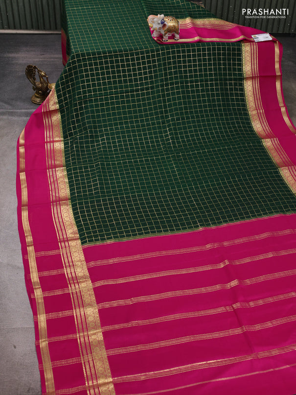Pure mysore silk saree bottle green and dark pink with allover zari checked pattern and long rettapet zari woven border