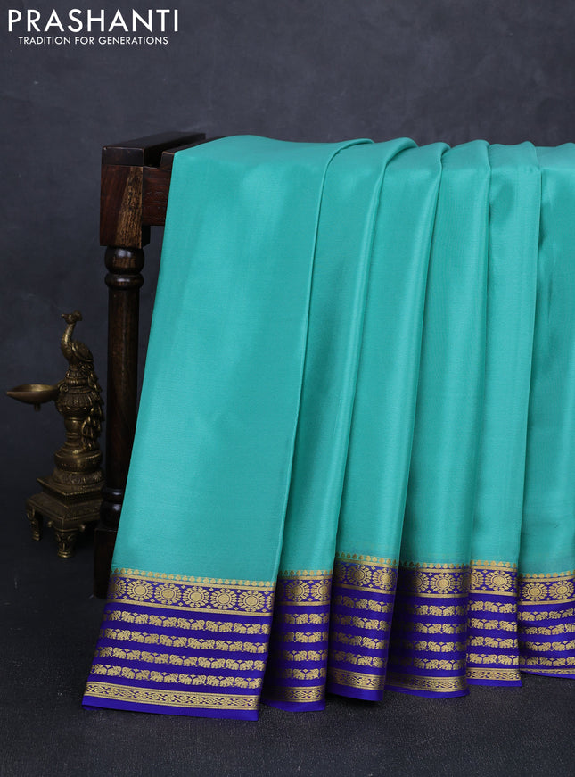 Pure mysore silk saree teal green and royal blue with plain body and zari woven border