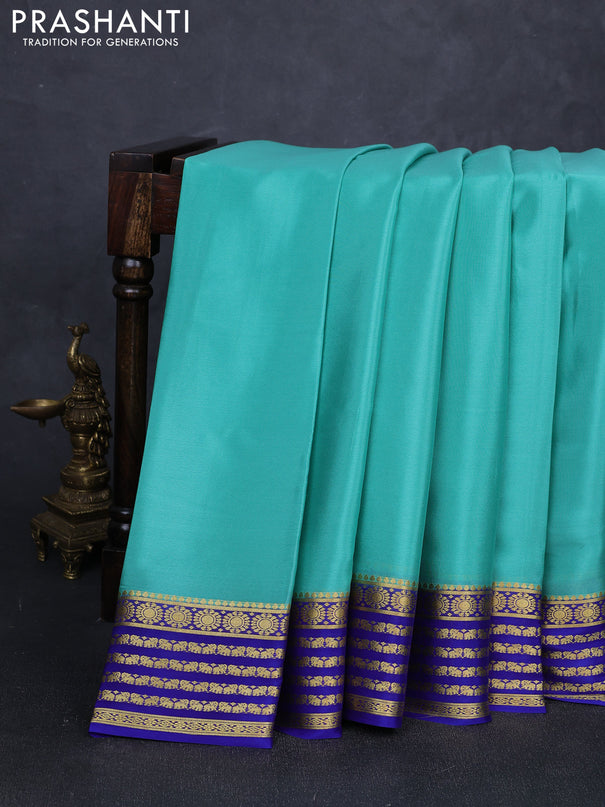 Pure mysore silk saree teal green and royal blue with plain body and zari woven border