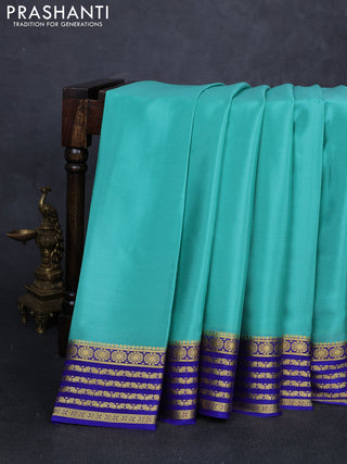 Pure mysore silk saree teal green and royal blue with plain body and zari woven border