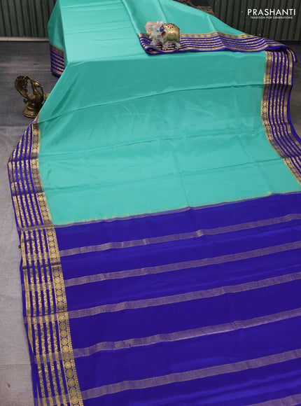 Pure mysore silk saree teal green and royal blue with plain body and zari woven border