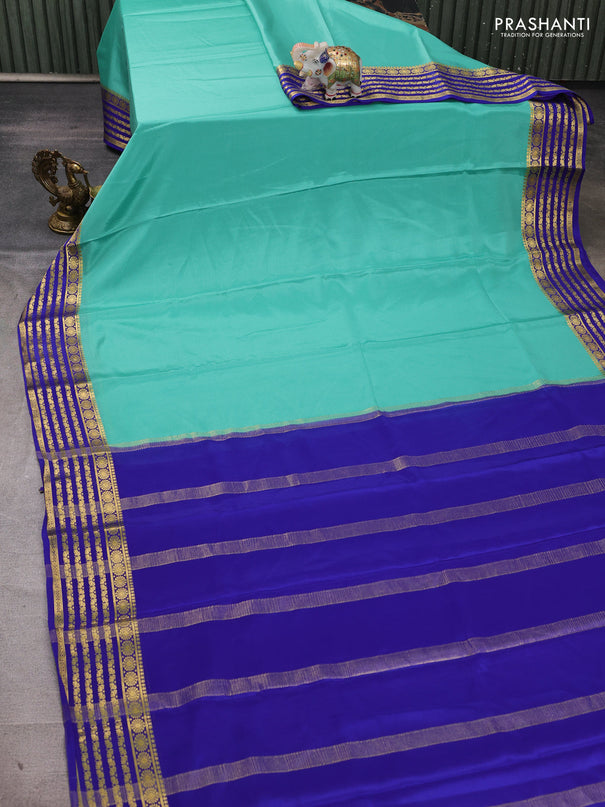 Pure mysore silk saree teal green and royal blue with plain body and zari woven border