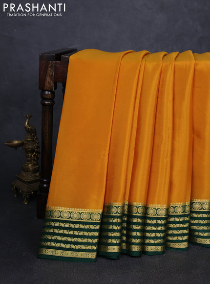 Pure mysore silk saree mustard yellow and green with plain body and zari woven border