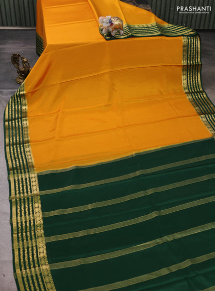 Pure mysore silk saree mustard yellow and green with plain body and zari woven border
