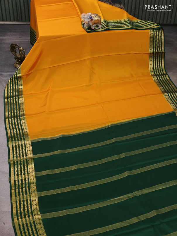 Pure mysore silk saree mustard yellow and green with plain body and zari woven border