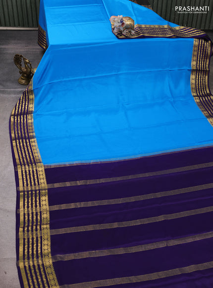 Pure mysore silk saree cs blue and violet with plain body and zari woven border