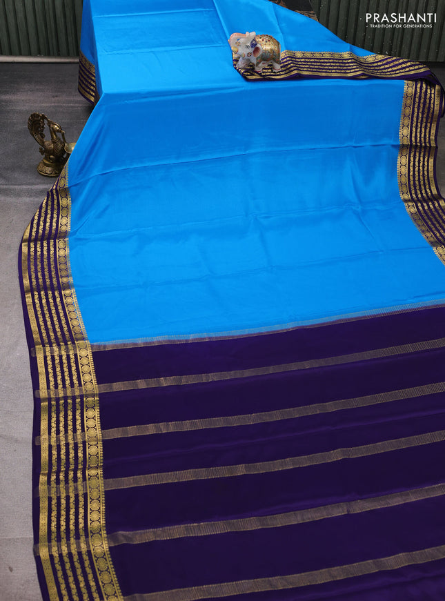Pure mysore silk saree cs blue and violet with plain body and zari woven border