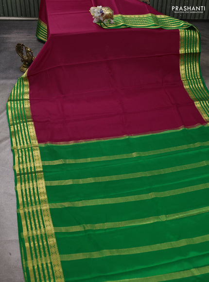Pure mysore silk saree pink shade and green with plain body and zari woven border