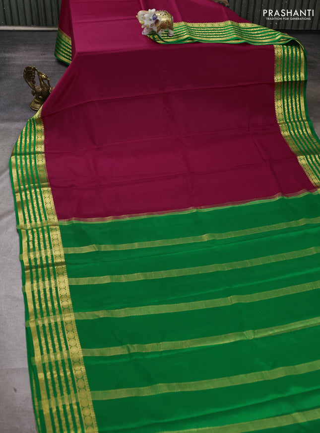 Pure mysore silk saree pink shade and green with plain body and zari woven border