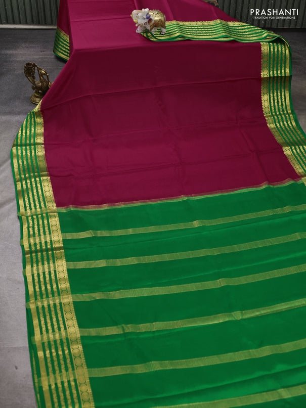 Pure mysore silk saree pink shade and green with plain body and zari woven border