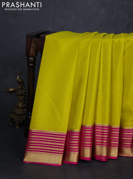 Pure mysore silk saree lime yellow and pink with plain body and zari woven border