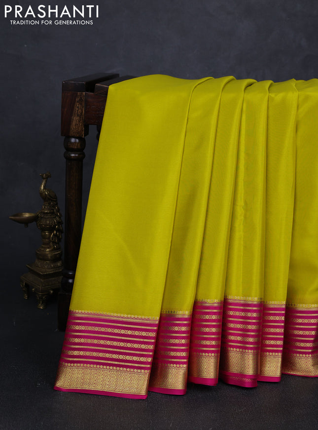 Pure mysore silk saree lime yellow and pink with plain body and zari woven border
