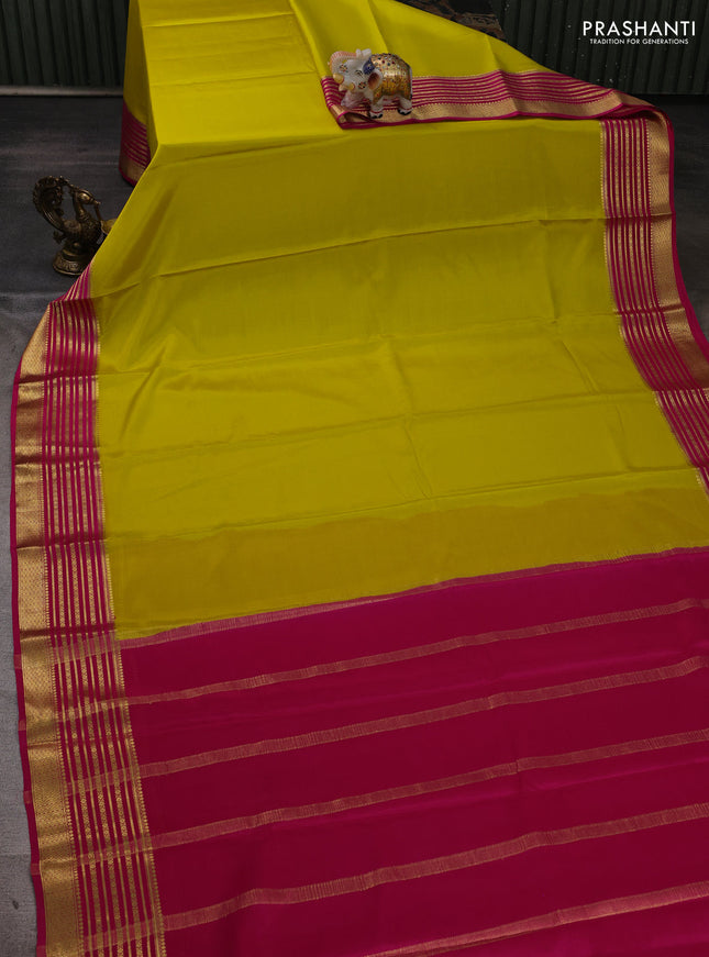 Pure mysore silk saree lime yellow and pink with plain body and zari woven border