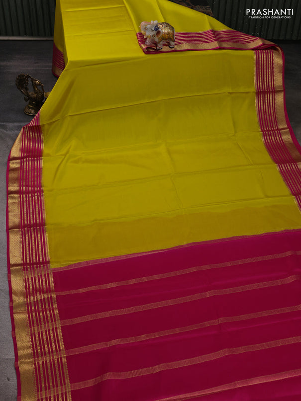 Pure mysore silk saree lime yellow and pink with plain body and zari woven border