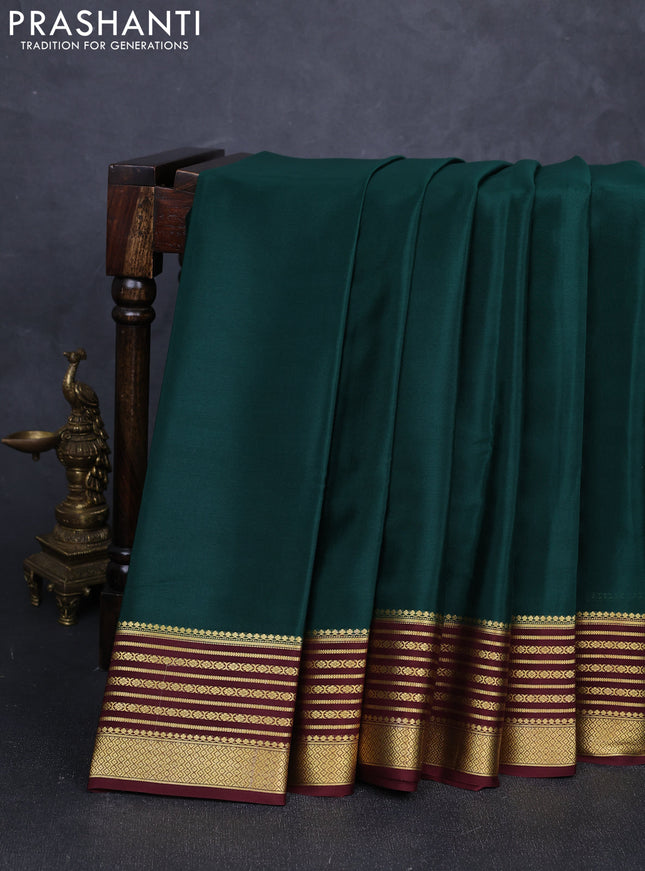 Pure mysore silk saree green and deep maroon with plain body and zari woven border