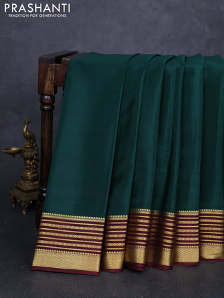 Pure mysore silk saree green and deep maroon with plain body and zari woven border