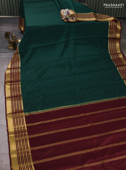 Pure mysore silk saree green and deep maroon with plain body and zari woven border