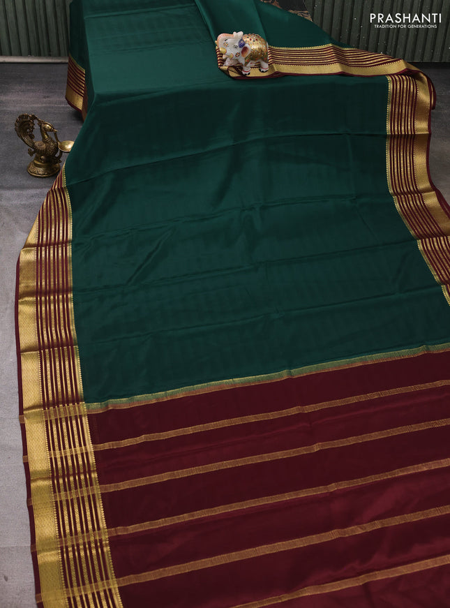 Pure mysore silk saree green and deep maroon with plain body and zari woven border