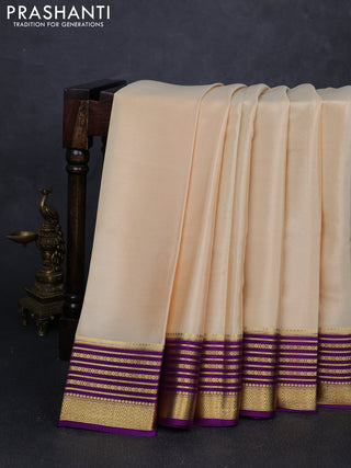 Pure mysore silk saree cream and purple with plain body and zari woven border