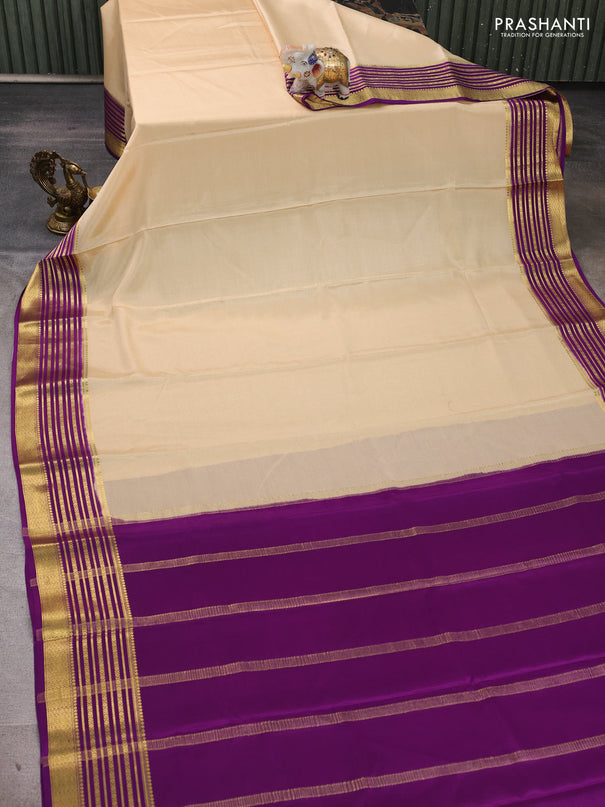 Pure mysore silk saree cream and purple with plain body and zari woven border