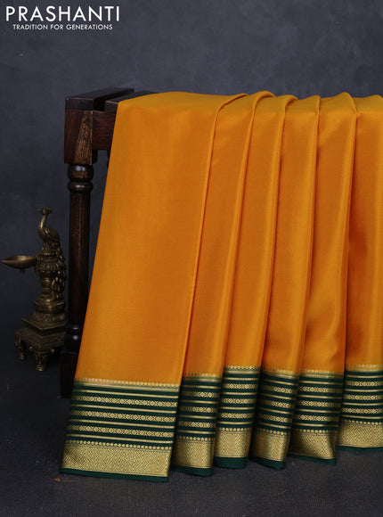 Pure mysore silk saree mustard yellow and green with plain body and zari woven border