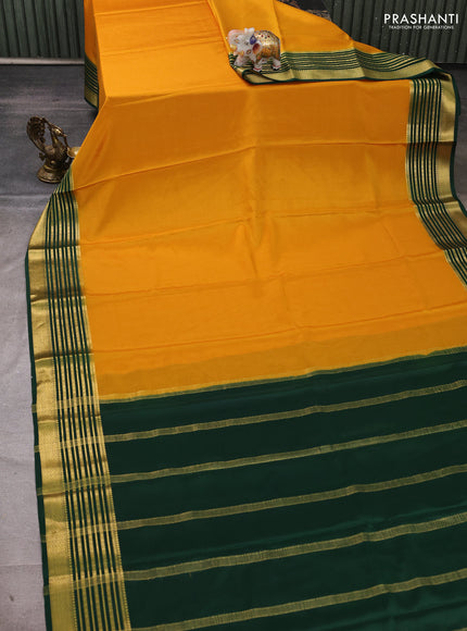 Pure mysore silk saree mustard yellow and green with plain body and zari woven border