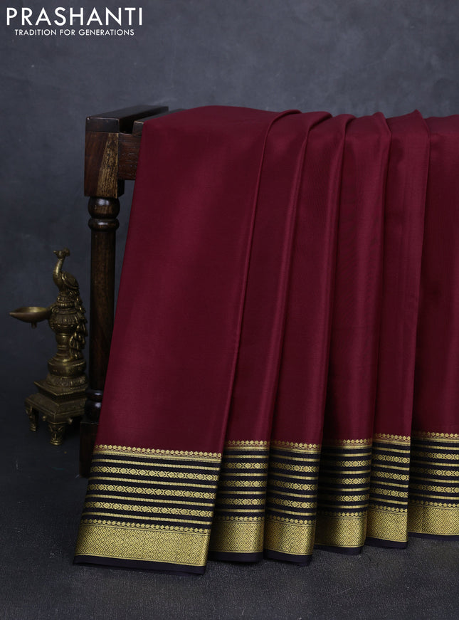 Pure mysore silk saree deep maroon and black with plain body and zari woven border