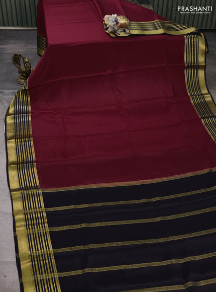 Pure mysore silk saree deep maroon and black with plain body and zari woven border