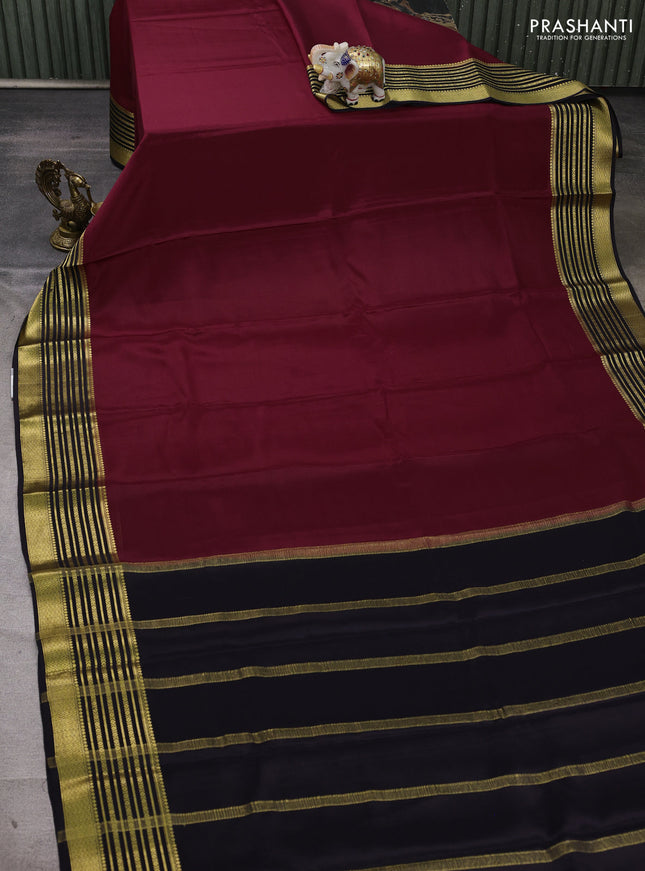 Pure mysore silk saree deep maroon and black with plain body and zari woven border