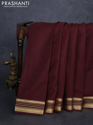 Pure mysore silk saree coffee brown with plain body and zari woven border