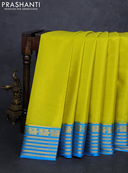 Pure mysore silk saree lime yellow and cs blue with plain body and zari woven border