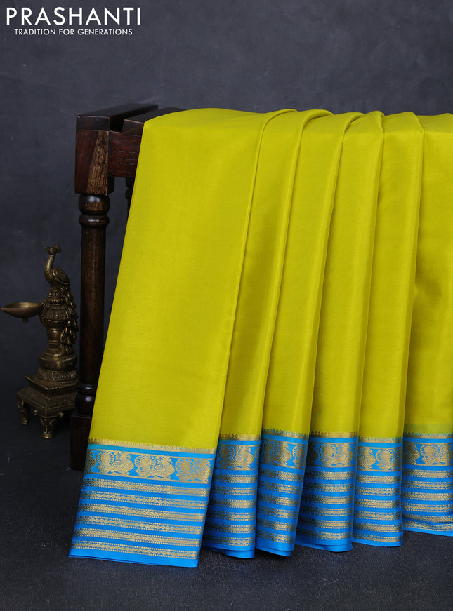 Pure mysore silk saree lime yellow and cs blue with plain body and zari woven border