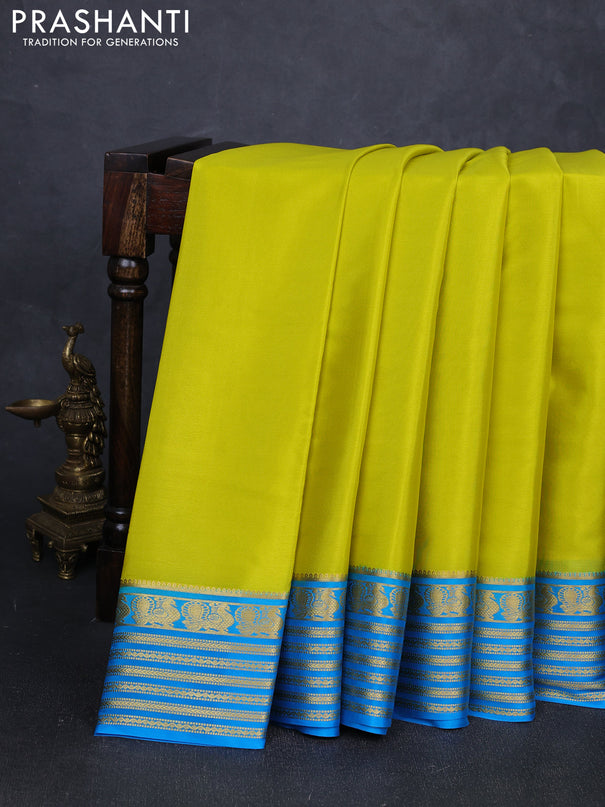 Pure mysore silk saree lime yellow and cs blue with plain body and zari woven border