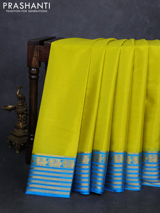 Pure mysore silk saree lime yellow and cs blue with plain body and zari woven border