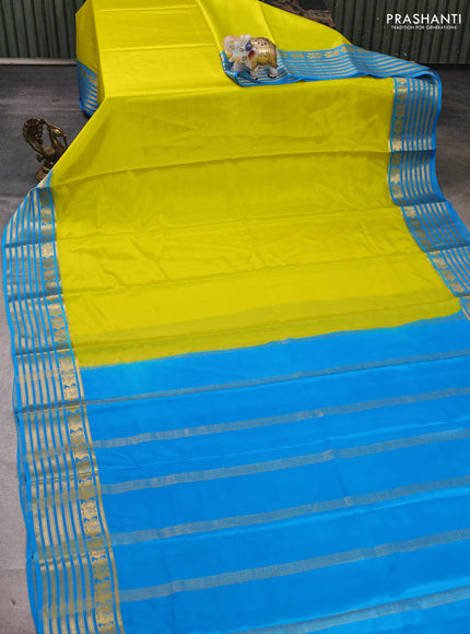 Pure mysore silk saree lime yellow and cs blue with plain body and zari woven border