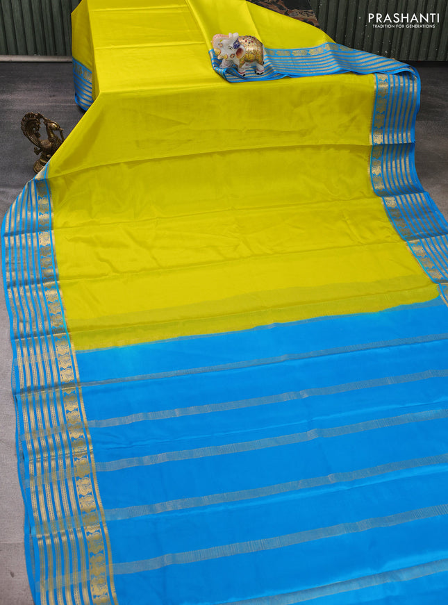 Pure mysore silk saree lime yellow and cs blue with plain body and zari woven border