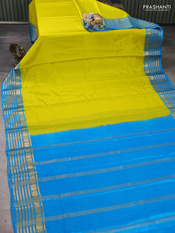 Pure mysore silk saree lime yellow and cs blue with plain body and zari woven border