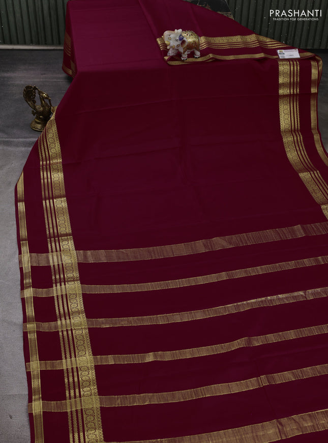 Pure mysore silk saree maroon with plain body and rettapet zari woven border