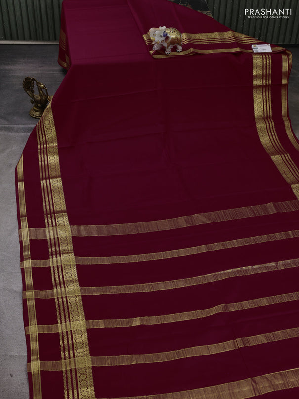 Pure mysore silk saree maroon with plain body and rettapet zari woven border