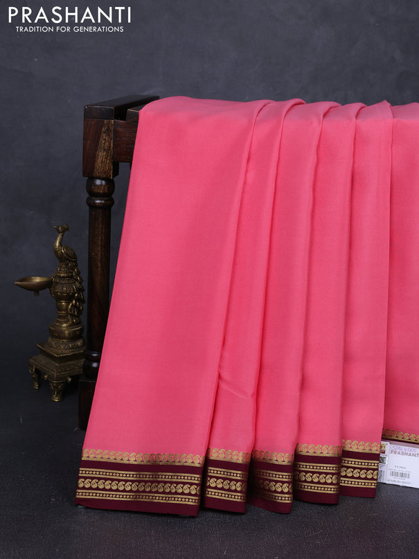 Pure mysore silk saree peach pink and wine shade with plain body and zari woven border