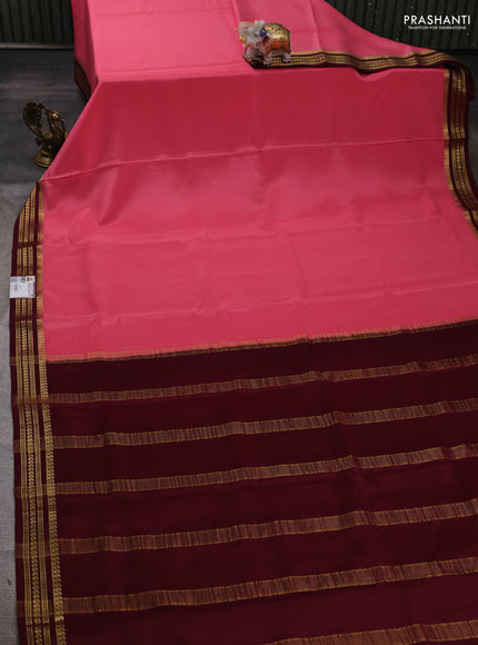 Pure mysore silk saree peach pink and wine shade with plain body and zari woven border