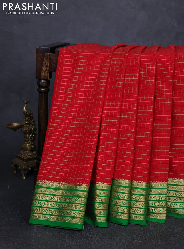 Pure mysore silk saree red and green with allover zari checked patternn and zari woven border